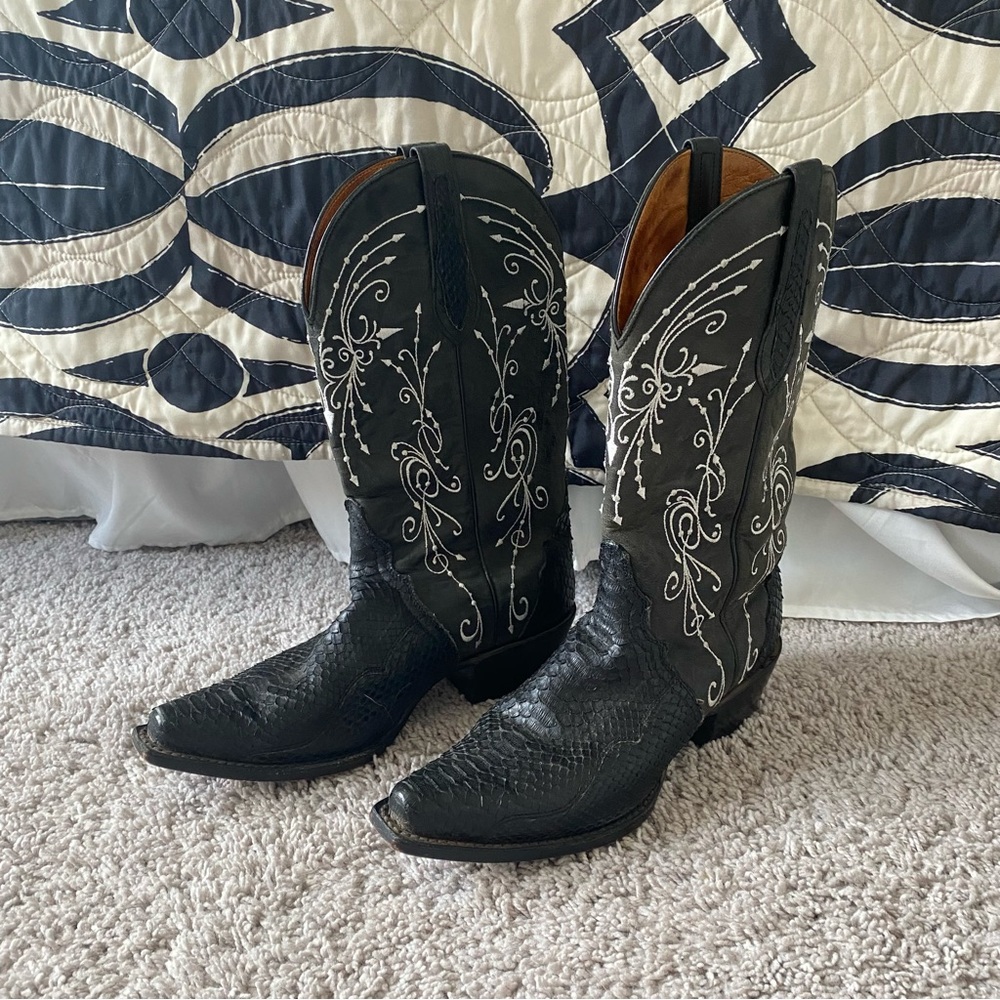 J.B. Dillon Black, Charcoal, and White Thread Python Cowboy Boots